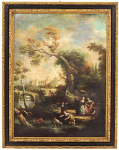 Girls on the River: 20th Century Oil Painting on Canvas 100x130 cm